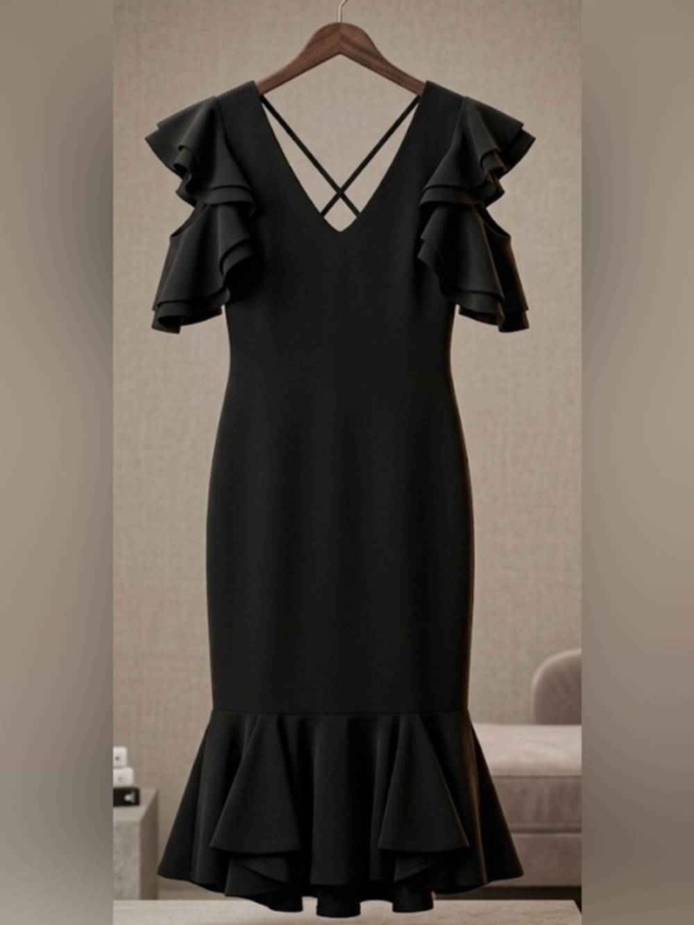 Black Ruffle Sleeve V-Neck Midi Dress
